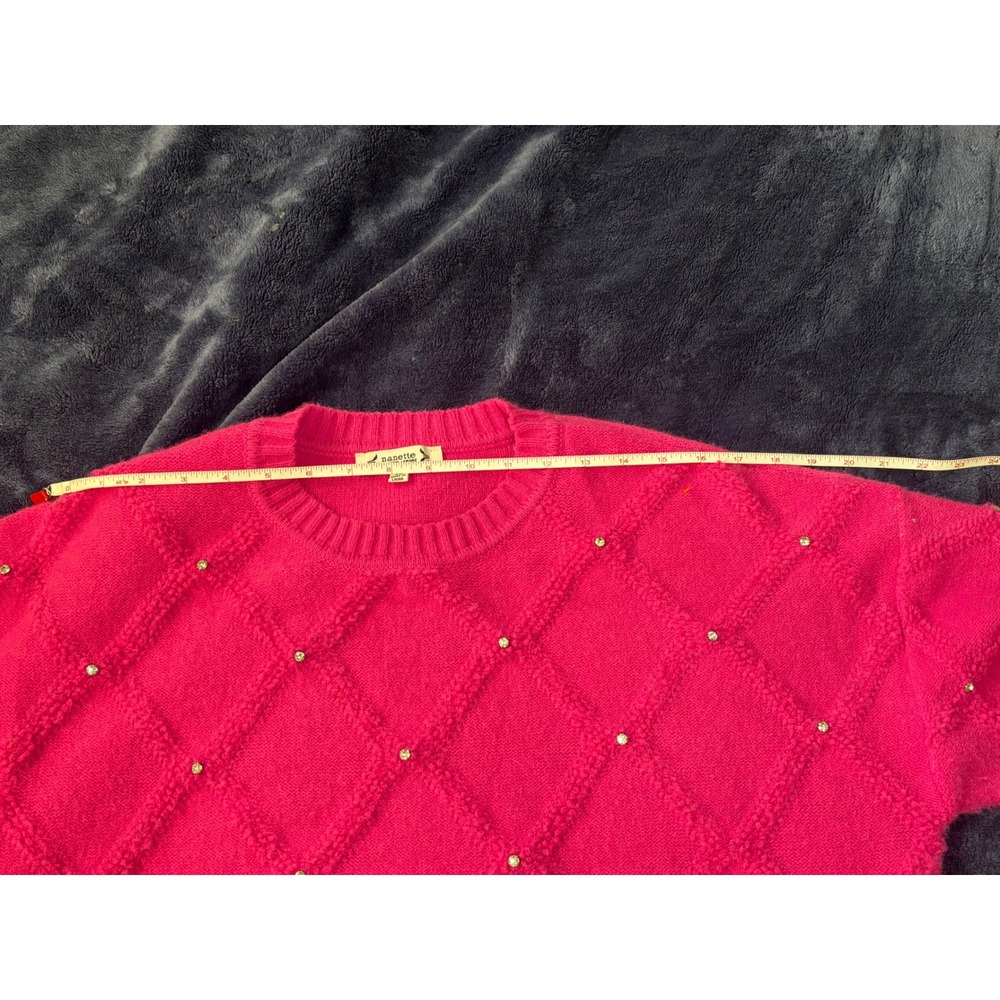 Nanette Lepore Hot Pink Rhinestone Knit Crewneck Sweater XL Feminine Barbiecore - Picture 10 of 13